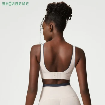 SHINBENE de Volta Gancho de Fecho de Nylon de Yoga Fitness Bras Mulheres Confortável Plus Size Exercício Bras Esporte Tops com o Painel de Malha S-XL