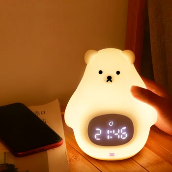 Silicone Urso Soneca Relógio Despertador Crianças da Noite do DIODO emissor de Luz do USB Recarregável de Cabeceira de Decoração do Quarto do Sensor de Toque Lâmpada da Noite