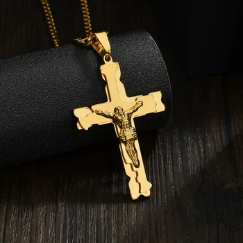 Simples de Jesus Cruz da cor do Ouro Pingente de Aço Inoxidável & Cadeia Para os Homens do Presente Cristã Jóias 60cm Comprimento da Corrente