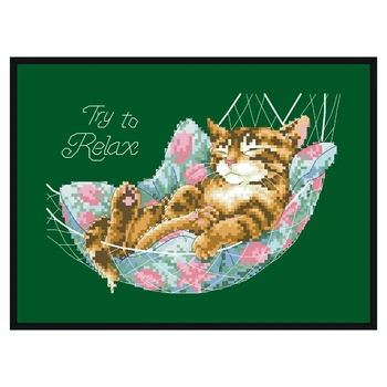 Tente Relaxar ponto cruz pacote animal gato dormir 18ct 14ct 11ct verde profundo de algodão bordado com fio de DIY feito a mão de obra de bordador