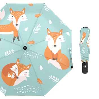 Totalmente Automático Bonito Fox, Cartoon Três Guarda-Chuva Dobrável Chuva Mulheres De Proteção Solar Exterior De Viagem, Guarda-Chuva Guarda-Sol Parapluie