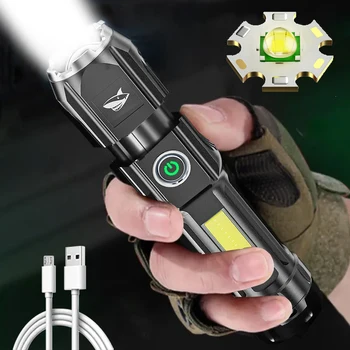 USB portátil Recarregável Lanterna LED Potente Luz do Flash Zoom Lanterna com 3 Modos de Luz Built-in Bateria de Campismo Luz