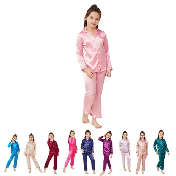 Varejo De Pijamas Para Crianças Pequenas Meninas Meninos De Cetim De Manga Longa, Botão Para Baixo De Pijama Conjunto De Roupa De Dormir Loungewear L314
