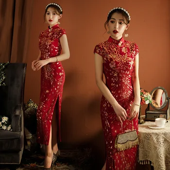 Veludo Sexy Phoenix Cauda Cheongsam Feminino Em Estilo Chinês Vermelho Clássico Qipao Vintage Botão Vestidos Vestido De Primavera Banquete Vestidos
