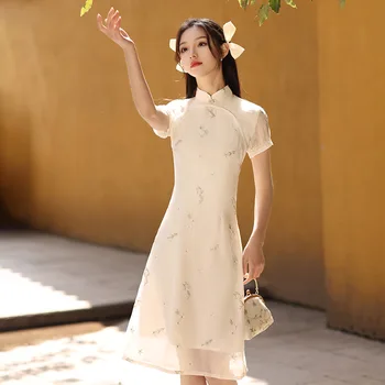 Verão Bordados Elegantes Cheongsam Organza Melhorado Vestido de Estilo Chinês Trajes das Mulheres Qipao L Ao XXL