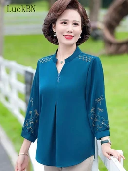 Vintage Tamanho Grande Bordado Da Camisa De Chiffon Verão As Mulheres De Moda Casual Bairro Três Tops Senhoras 2022 Nova Solto Mãe Blusa Azul
