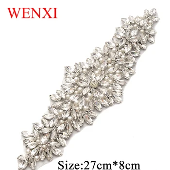 WENXI 1PCS feito à mão Apliques de Strass de máquinas de Costura Para o Vestido de Casamento Cinto de Ouro Rosa de Cristal Strass Acessório WX825