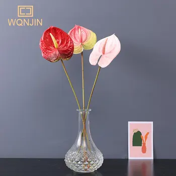 WQNJIN Falso Único Tronco Anthurium Comprimento de 60cm de Simulação de Toque Real PU Vermelho Ganso Palma para o Casamento, Casa de Flores Artificiais